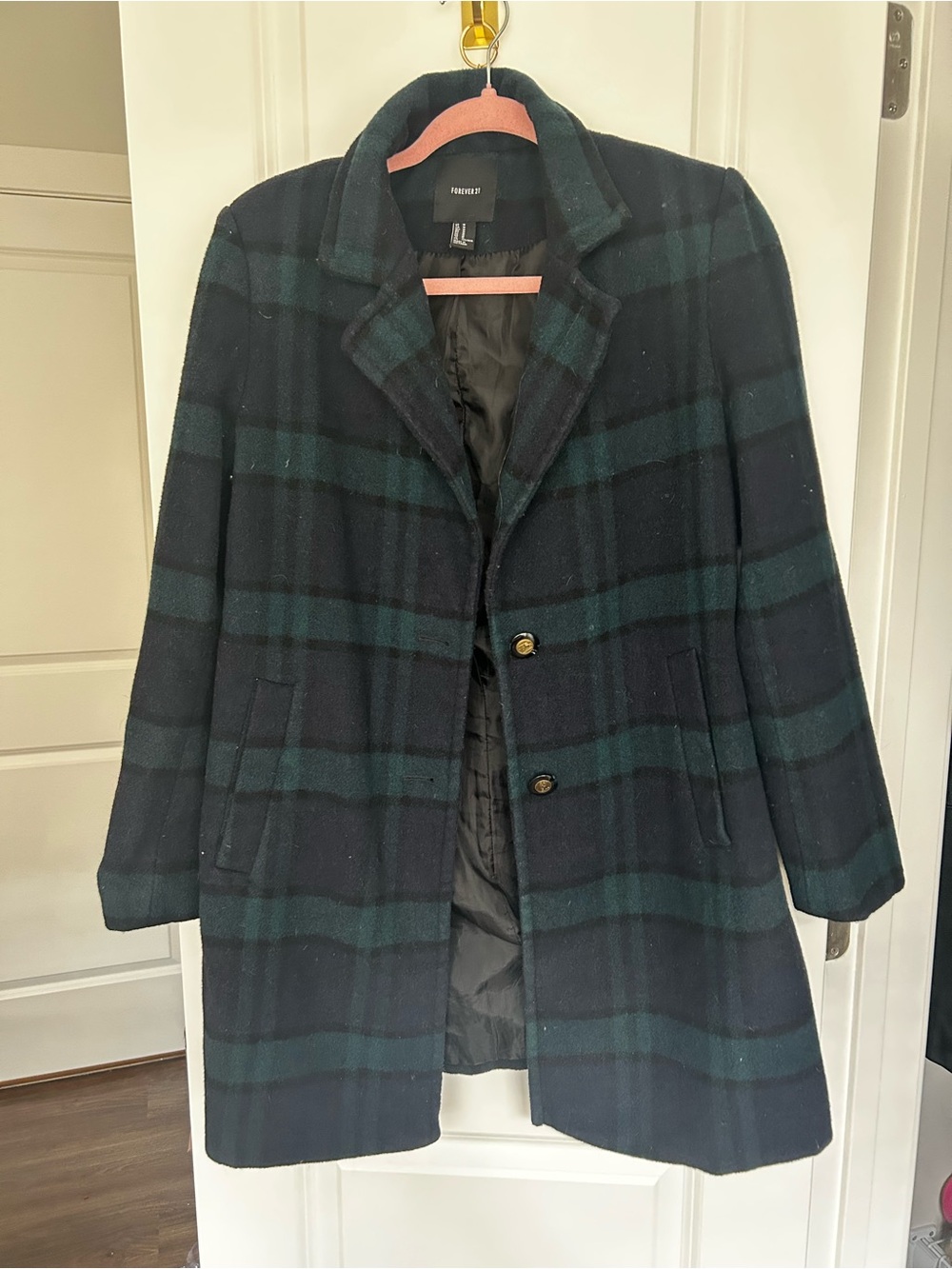Forever 21 Black and Dark Green Plaid Pea Coat